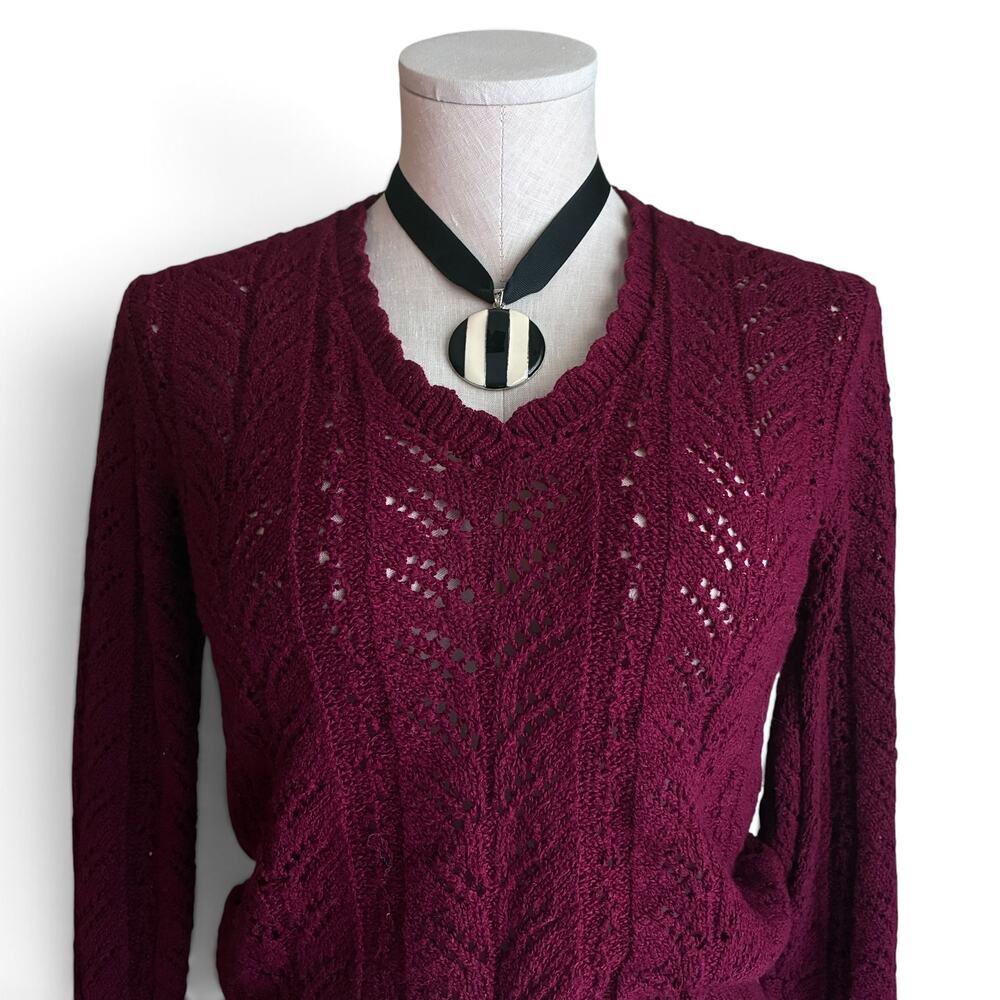 Vintage 80s Burgundy Crochet Knit Sweater Medium, Open Weave Ribbed Trim Top - Picture 4 of 16